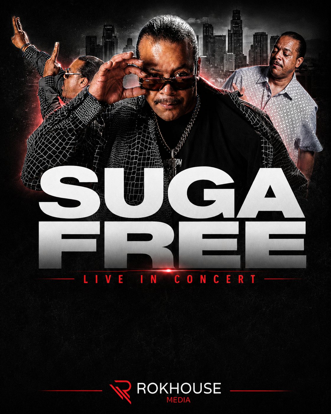 Suga Free live in concert poster, chrome lettering over a Los Angeles skyline